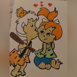 Vintage Cartoon Caveman Couple Canvas Art - Orange & Green